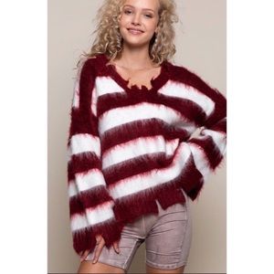 POL Burgundy & White Faux Mohair Sweater Top